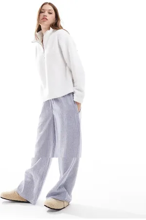 Threadbare Striped trouser lounge set with borg quarter zip in white