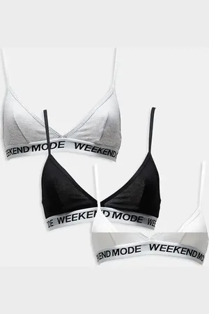 Brave Soul 3 pack cotton triangle bralettes with contrast print band in black, white and grey