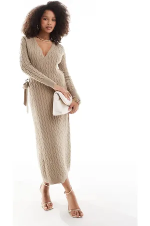 Pretty Lavish Cable knit wrap midaxi dress in taupe