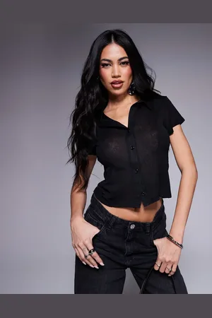 ASOS Mesh exposed seam plunge short sleeve shirt in