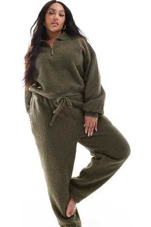 ASOS ASOS DESIGN Curve lounge borg zip collar sweat & tapered trouser set in khaki