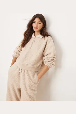 ASOS Lounge borg zip collar sweat & tapered trouser set in cream