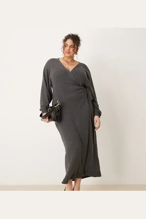Pretty Lavish Beau wrap knit midaxi dress in charcoal