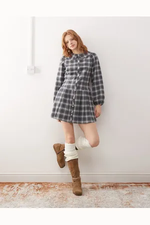 Reclaimed Drop waist pleated mini dress with collar in blue check
