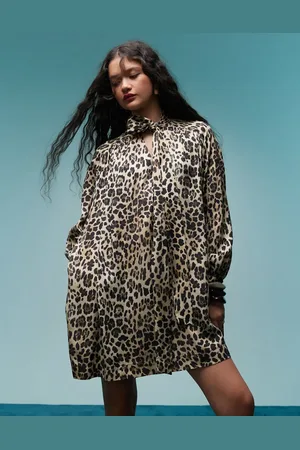 Bimba y Lola Tie neck mini smock dress in leopard print