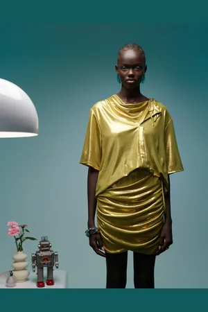 Bimba y Lola Asymmetric tie shoulder crop top co-ord in metallic olive