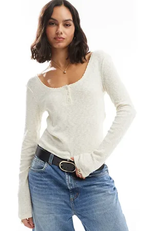 ONLY Long sleeve ribbed scoop neck top in cream