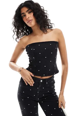 VERO MODA Denim bandeau crop top with embroidered spot detail co-ord in