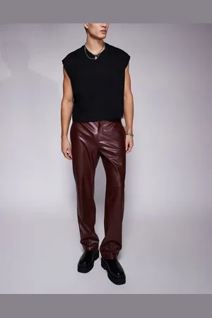 ASOS Smart faux leather straight leg trousers in burgundy