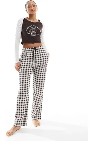 Brave Soul Cropped long sleeve t-shirt and wide leg check trouser lounge set in ecru and brown