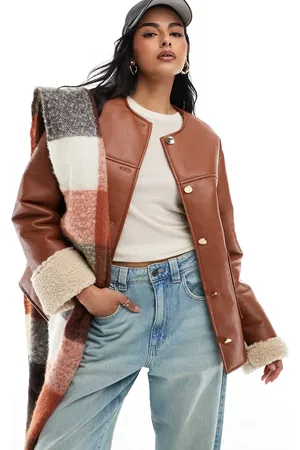ASOS Collarless borg bonded jacket in tan