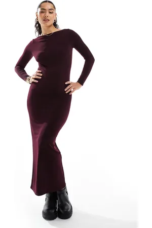 Miss Selfridge Long sleeve jersey maxi dress in plum