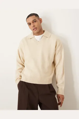 ASOS Oversized boxy fit knitted notch neck jumper in stone