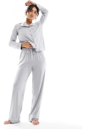 ASOS Super soft long sleeve shirt & trouser pyjama set with contrast piping in grey marl