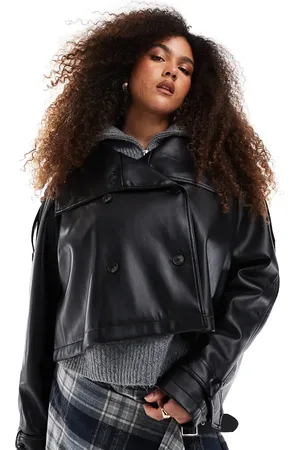 ASOS ASOS DESIGN Curve funnel neck leather look short trench coat in