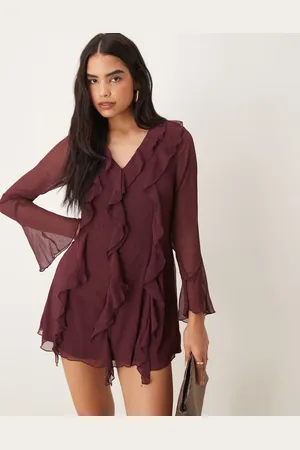 New Look Ruffle chiffon long sleeve mini dress in burgundy