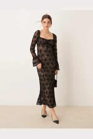 Gina Tricot Sheer lace maxi dress with fluted sleeves in