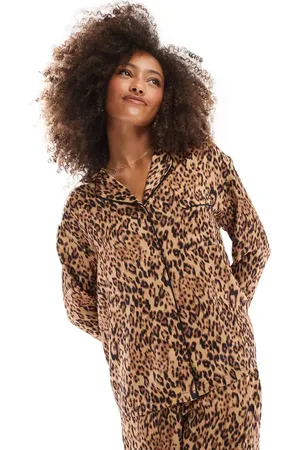 4th & Reckless Long sleeve satin pyjama shirt co-ord in leopard print