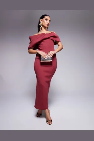 ASOS Scuba sculptural bardot midi dress with seam detailing in burgundy