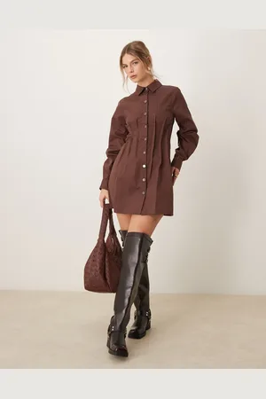 ASOS Mini pleated twill shirt dress in chocolate