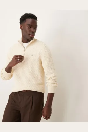 GANT Shield logo cotton textured half zip knit jumper in cream