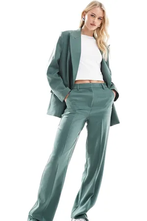 VERO MODA Tailored herringbone wide leg co-ord trousers in dark forest