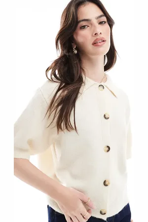 ASOS Knitted short sleeve shirt cardigan in cream