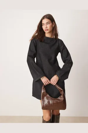 ASOS Long sleeved denim shift dress with contrast stitching in ecru
