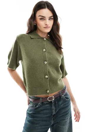 ASOS Knitted short sleeve shirt cardigan in khaki