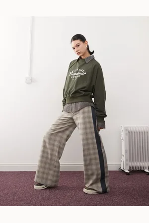 Reclaimed Wide leg tailored trouser with contrast panels in neutral check