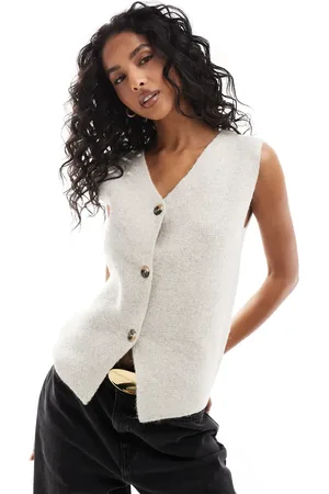 Threadbare Button up knitted vest in beige