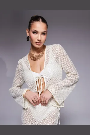 South Beach Long sleeve tie front sequin beach shirt co-ord in cream