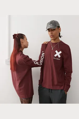 COLLUSION Unisex long sleeve logo t-shirt in burgundy
