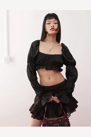 Monki Satin ruched puff long sleeve crop top in