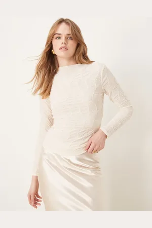 VILA Long sleeve high neck textured top in birch cream