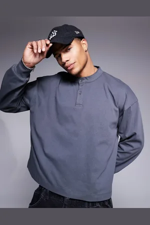 ASOS Heavyweight oversized boxy long sleeve henley t-shirt with step hem in charcoal