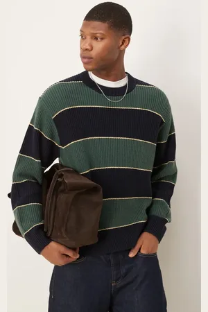Abercrombie & Fitch Contrast stripe crew neck jumper in green multi