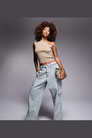 Kaiia Exclusive ribbed knit off shoulder twist detail crop top in beige