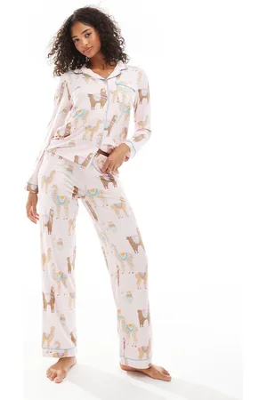 Chelsea Peers Poly long sleeve revere and trouser pyjama set in pink alpaca print