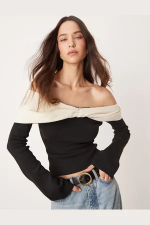 Pretty Lavish Twist contrast bardot knit top in