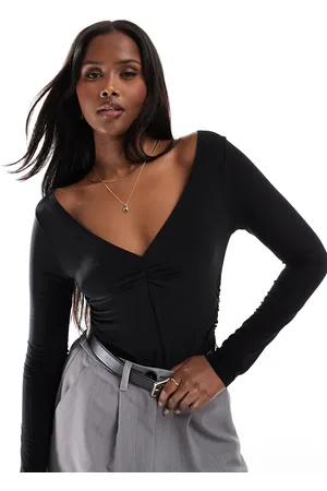 Miss Selfridge Ruched v neck long sleeve top in
