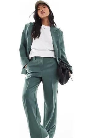 VERO MODA Tailored herringbone wide leg co-ord trousers in dark forest