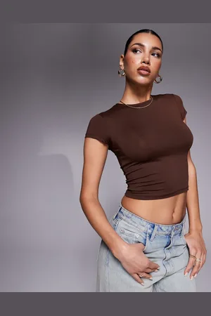 ASOS Polyamide slinky short sleeve top in chocolate