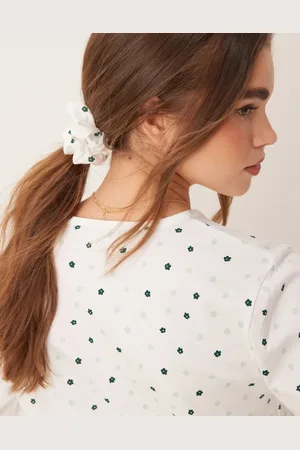 ASOS Mix & match long sleeve henley pyjama top in green ditsy with scrunchie