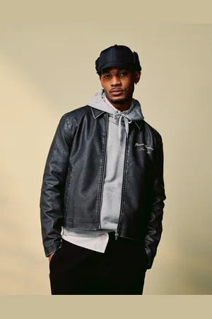 ASOS Faux leather embroidered harrington jacket in wash