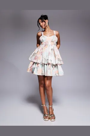 ASOS Printed denim baby doll mini dress in rose print