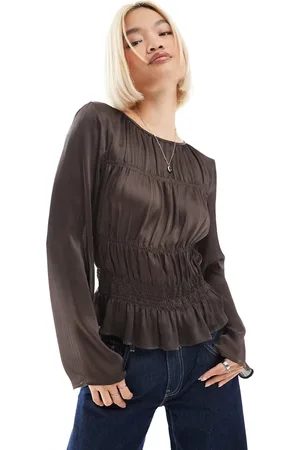 ASOS Shirred semi sheer blouse in chocolate