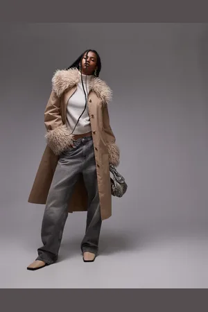 & OTHER STORIES Belted midi coat in dark beige with detachable faux fur collar and cuffs