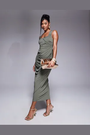 ASOS Shaped neckline wide strap with draped skirt midi dress in khaki