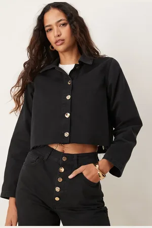 ASOS Cropped denim shirt with abstract gold buttons in